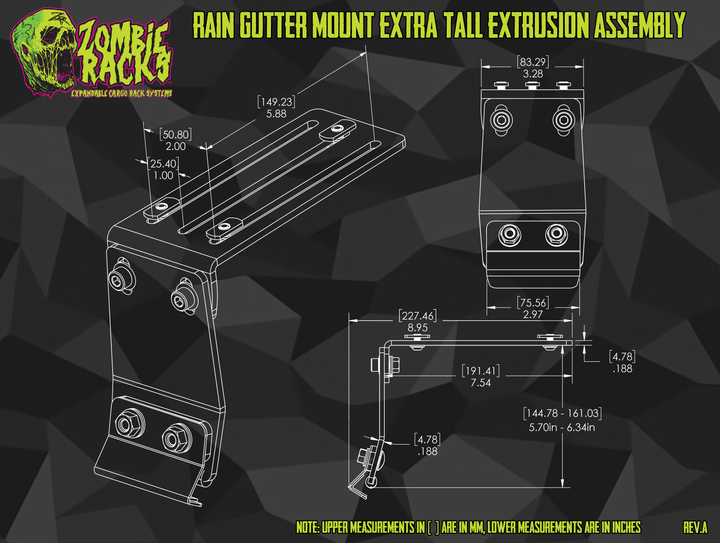 Extra tall rain gutter roof rack mount specific for 1030 extrusions blueprint with specifications